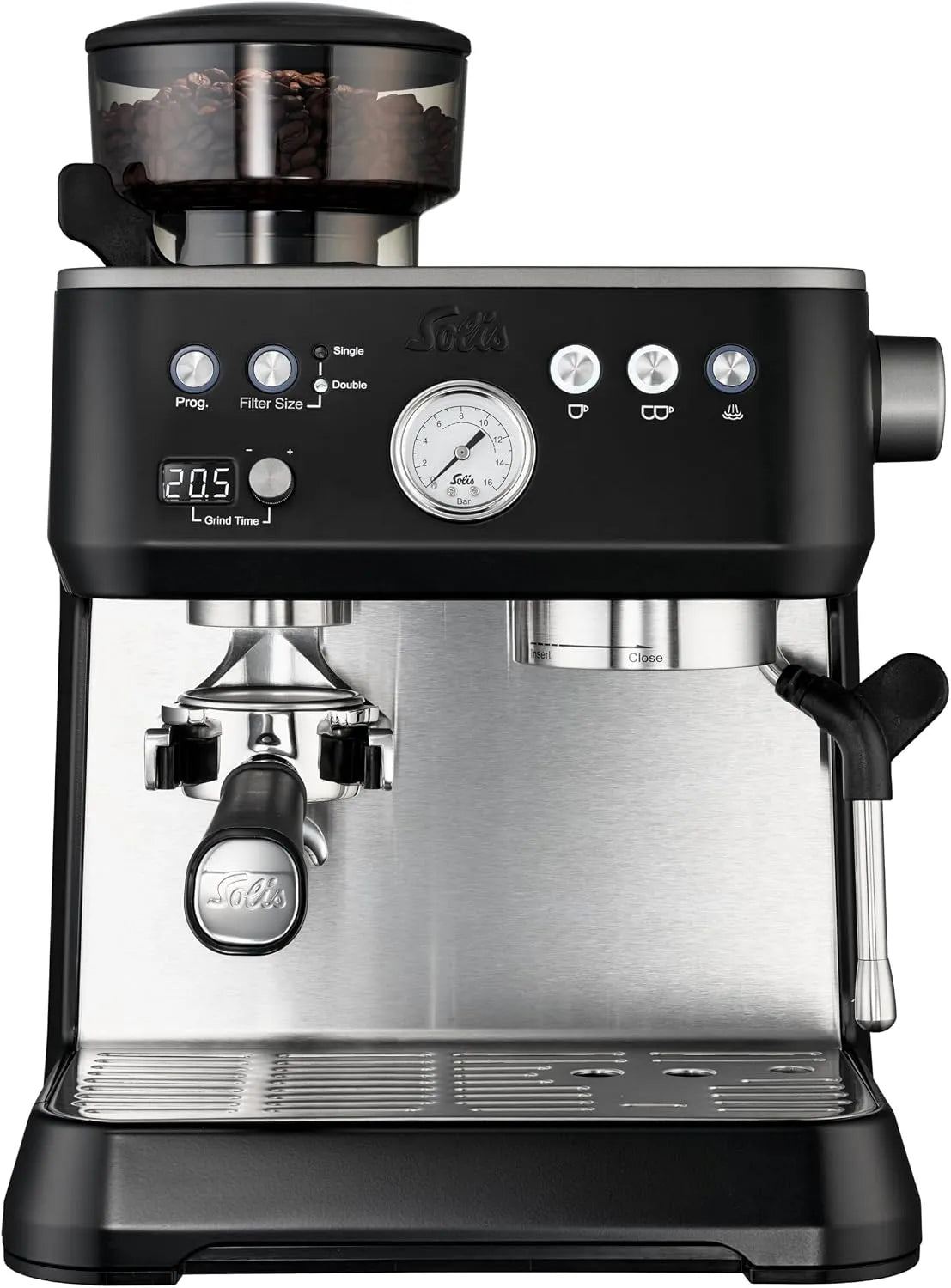 Espressomaschine, Solis Grind & Infuse PERFETTA, Kaffeemaschine mit Mahlwerk und Milchaufschäumer, in Schwarz, Heißwasser- und Dampffunktion