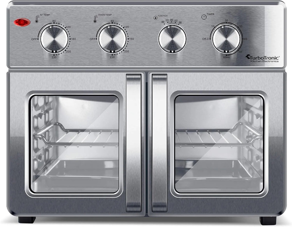 Heißluftfritteuse 4in1, XXL 32 Liter mit Drehspieß für Hähnchen Mini Backofen & Power Airfryer ab 80°C, TurboTronic digitaler Heißluftofen