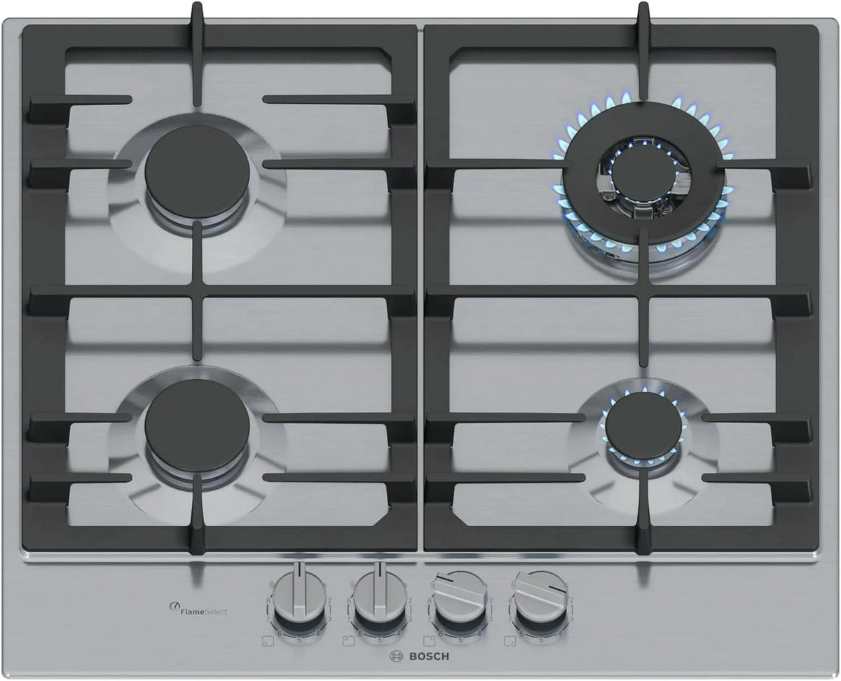 Bosch Kochfeld PCH6A5I90, Breite 60 cm, Dual-Wok Brenner, abnehmbare Schwertknebel, Edelstahl Glasoberfläche, Serie 6 Gaskochfeld