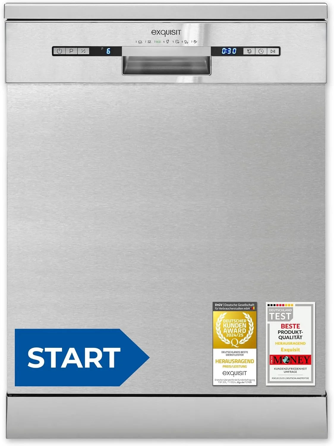 Exquisit Geschirrspüler GSP9313-030E, 13 Maßgedecke, 7 Spülprogramme, Startzeitvorwahl, inox, START 60 cm, Fassungsvermögen 11 Liter, Unterbaufähig