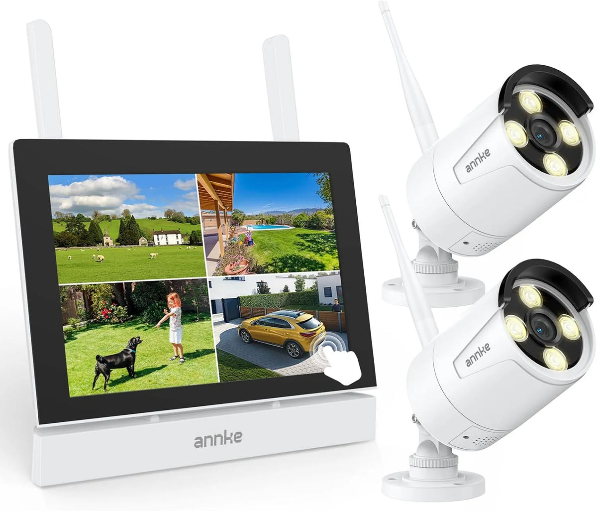 Kamera 2-Wege-Audio 64GB, ANNKE Überwachungskamera Set mit Monitor, Farbnachtsicht, Arbeiten ohne WLAN, 7' Touchscreen NVR Bildschrim mit 2X 2K WiFi
