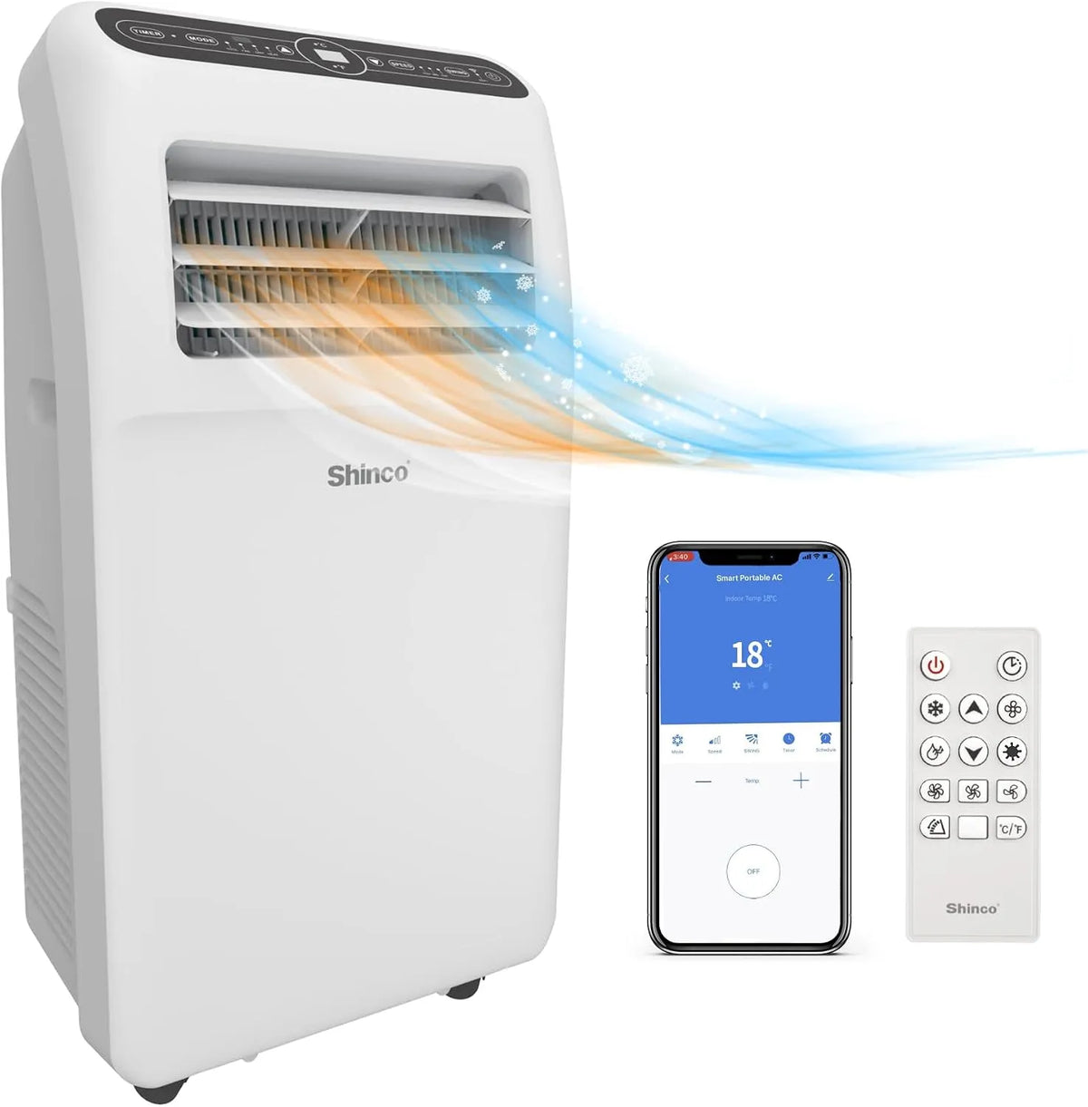 Klimaanlage 24H-Timer SHINCO Mobile, 12000BTU, für Räume von etwa 90m³, mit Abluftschlauch, Kühlung&Heizung&Ventilieren&Entfeuchten, APP, Weiß