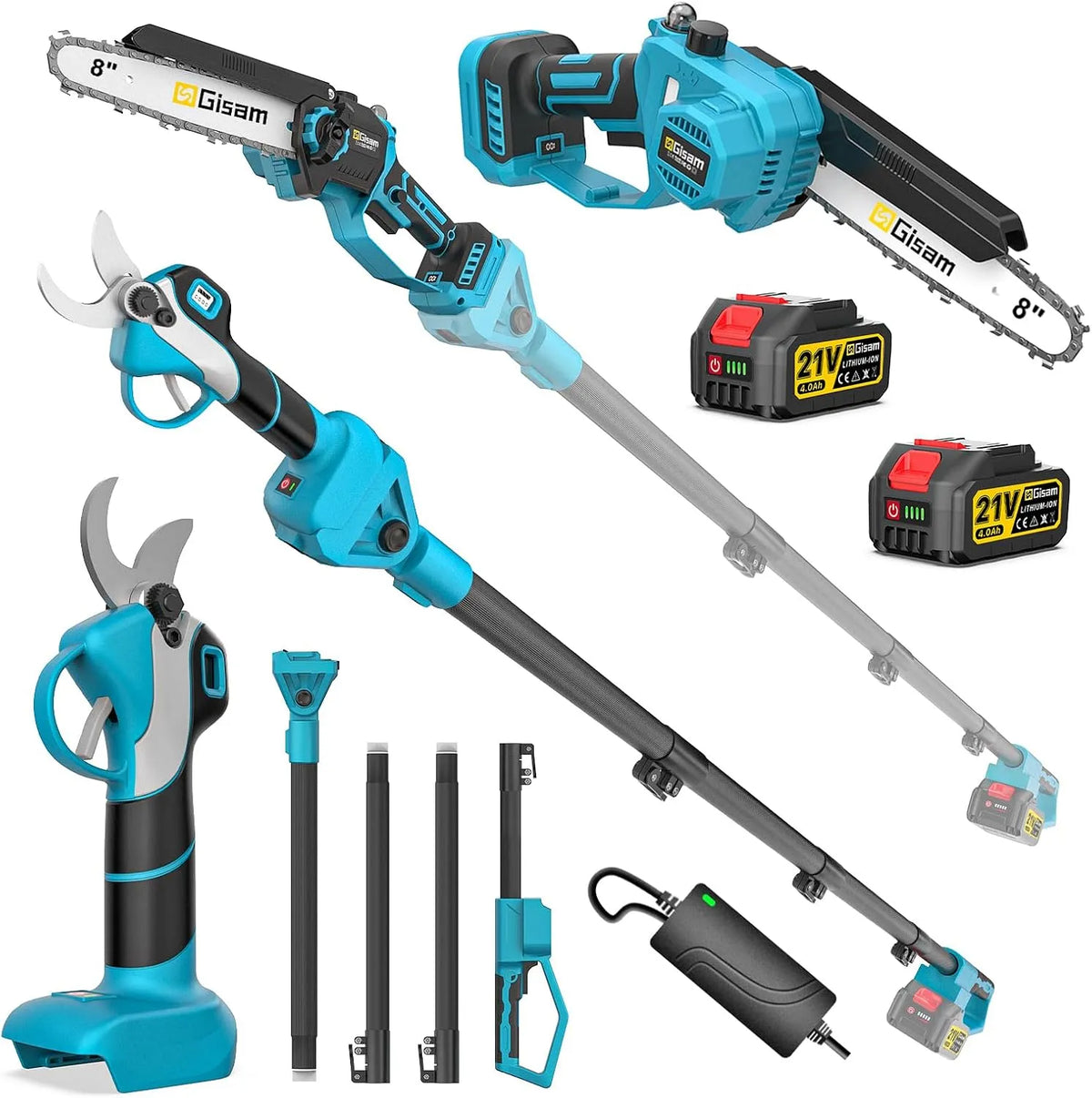 8 Zoll Mini Kettensäge & Akku Elektro Gartenschere 4-in-1 Gartenwerkzeug Set, VerläNgerungsstange Bis 4.2m, BüRstenloser Motor, Holzschneiden