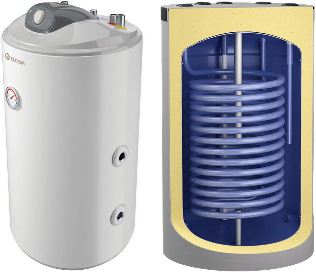 Fassungsvermögen 80 Liter Kombispeicher kombinierter Warmwasserspeicher, mit 1 Wärmetauscher und 2000W Heizlement als Unterstellspeicher
