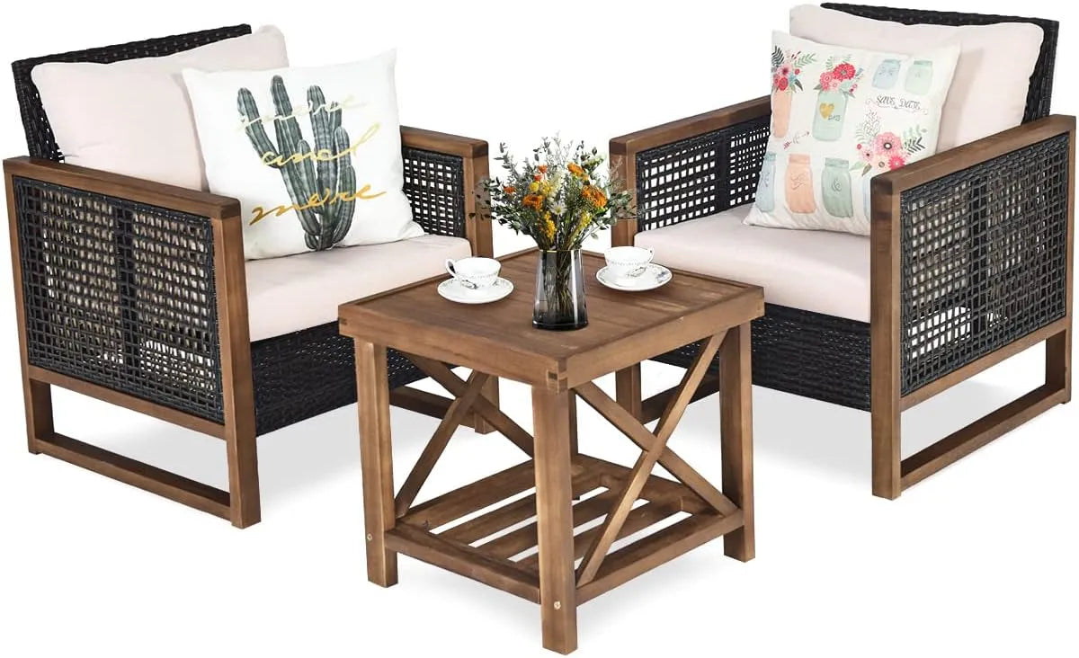 Gartenmöbel Set 3 teilig GIANTEX Rattan, Balkonmöbel Set 2 Personen, Gartengarnitur Sitzgruppe Gartenlounge Set inklusive. waschbarer Kissen