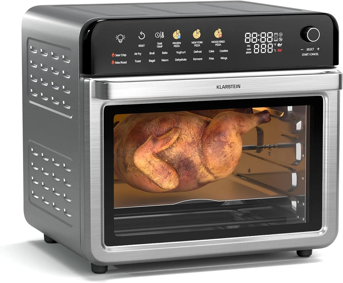 Klarstein Heißluftfritteuse, Fassungsvermögen 34 L, Leistung 2200 W, 19 Betriebsprogramme, 40-350 °C, AirGlaze Digital Colour, Drehspieß, Edelstahl