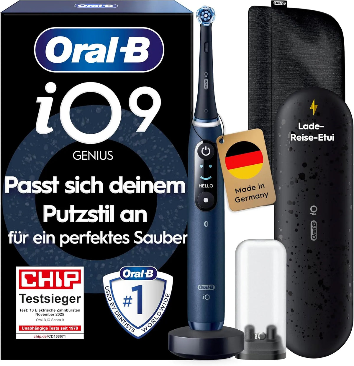 Braun Oral-B iO Series 9 Elektrische Zahnbürste, inklusive. 1 Aufsteckbürste, 7 Modi für Zahnpflege, 11/25, Designed by, Electric Toothbrush