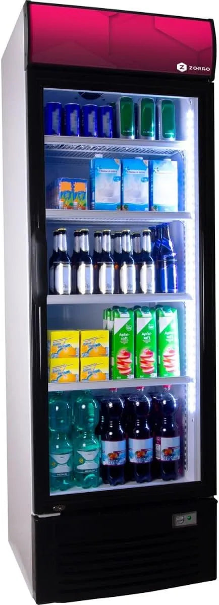 Kühlschrank ZK 380, Getränkekühlschrank Liter mit Werbetafel, Flaschenkühlschrank, Gastro Getränkekühler, in Schwarz, ZORRO, weiß, mit Glastüre