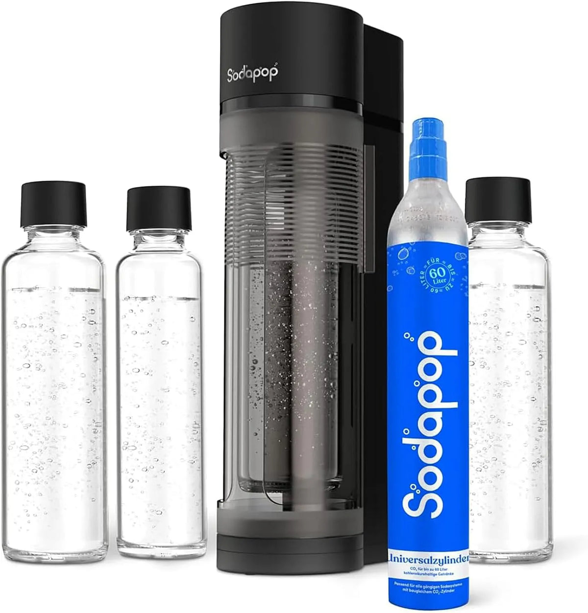 Logan Sodapop Wassersprudler, 2x 850 & 1x 600 ml, Höhe 42,6 cm, inklusive. 3x Glasflasche, und 1x CO₂-Zylinder, Starterset, Matt in Schwarz