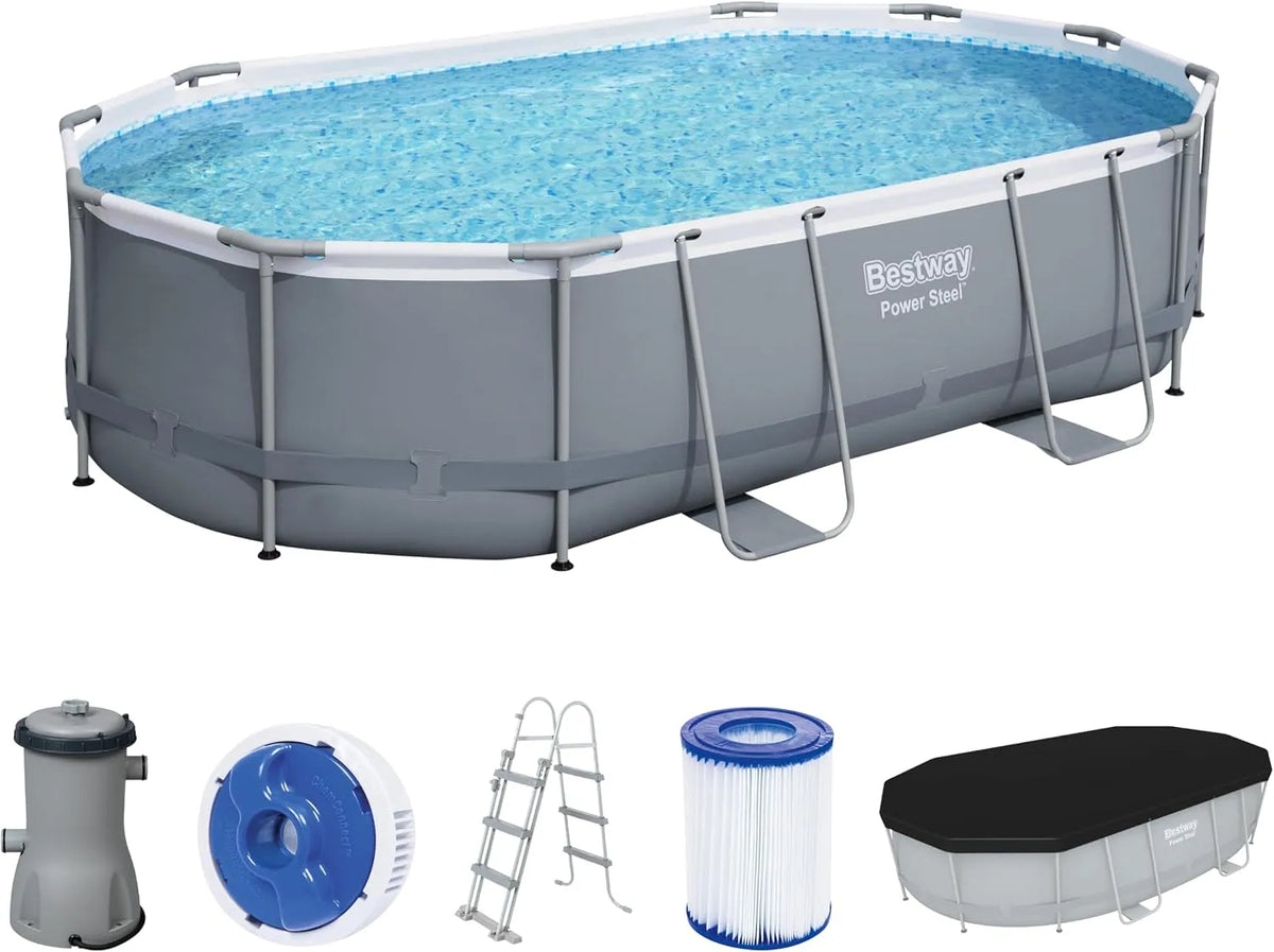 Bestway Pool, Power Steel Frame Komplett-Set mit Filterpumpe 488 x 305 x 107 cm, oval, Farbe Grau