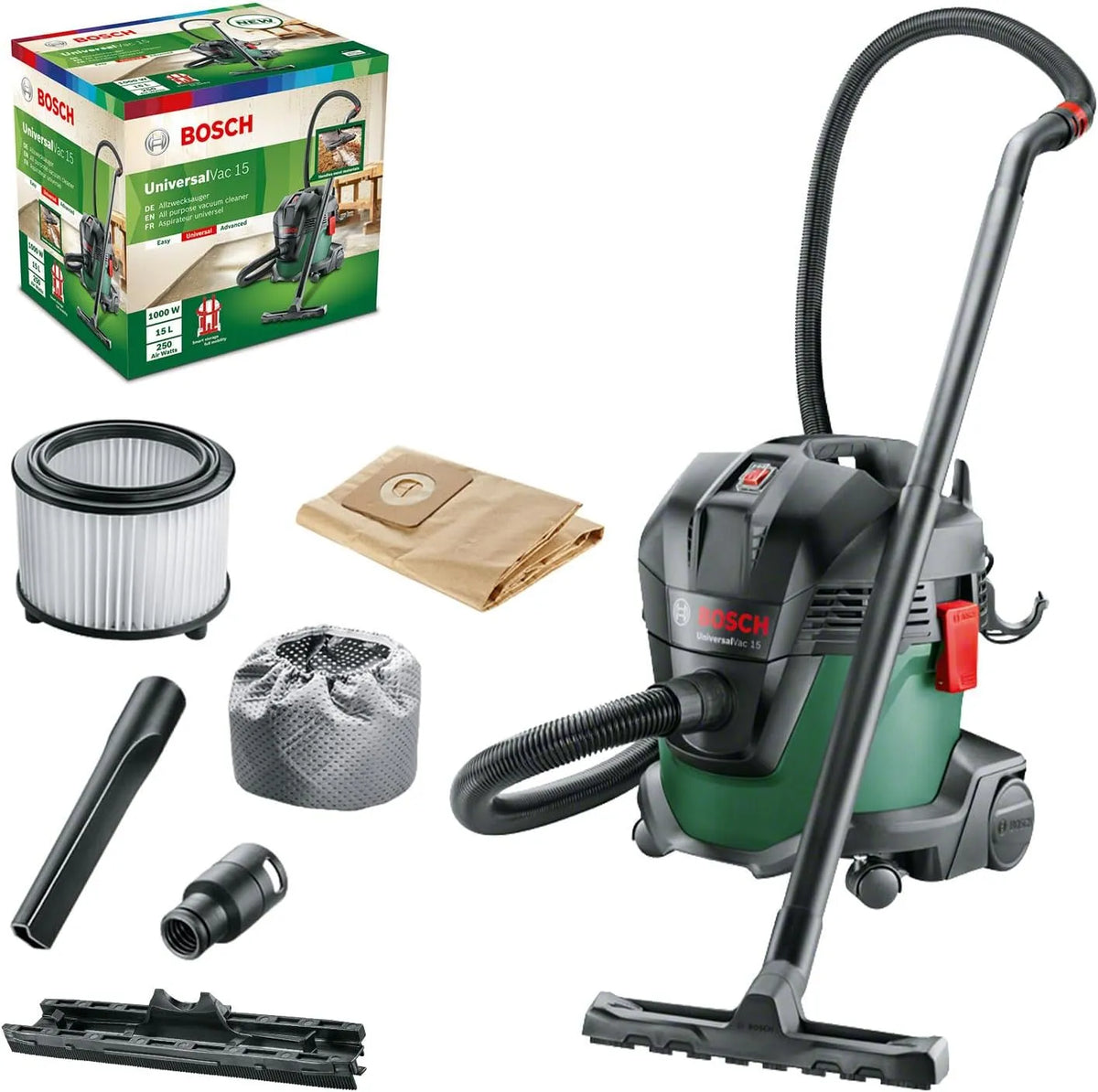 Bosch Nass- und Trockensauger, UniversalVac 15 im Set mit fünf Papierfilterbeuteln, 1000 Watt, Fassungsvermögen 15 Liter Behältervolumen, im Karton