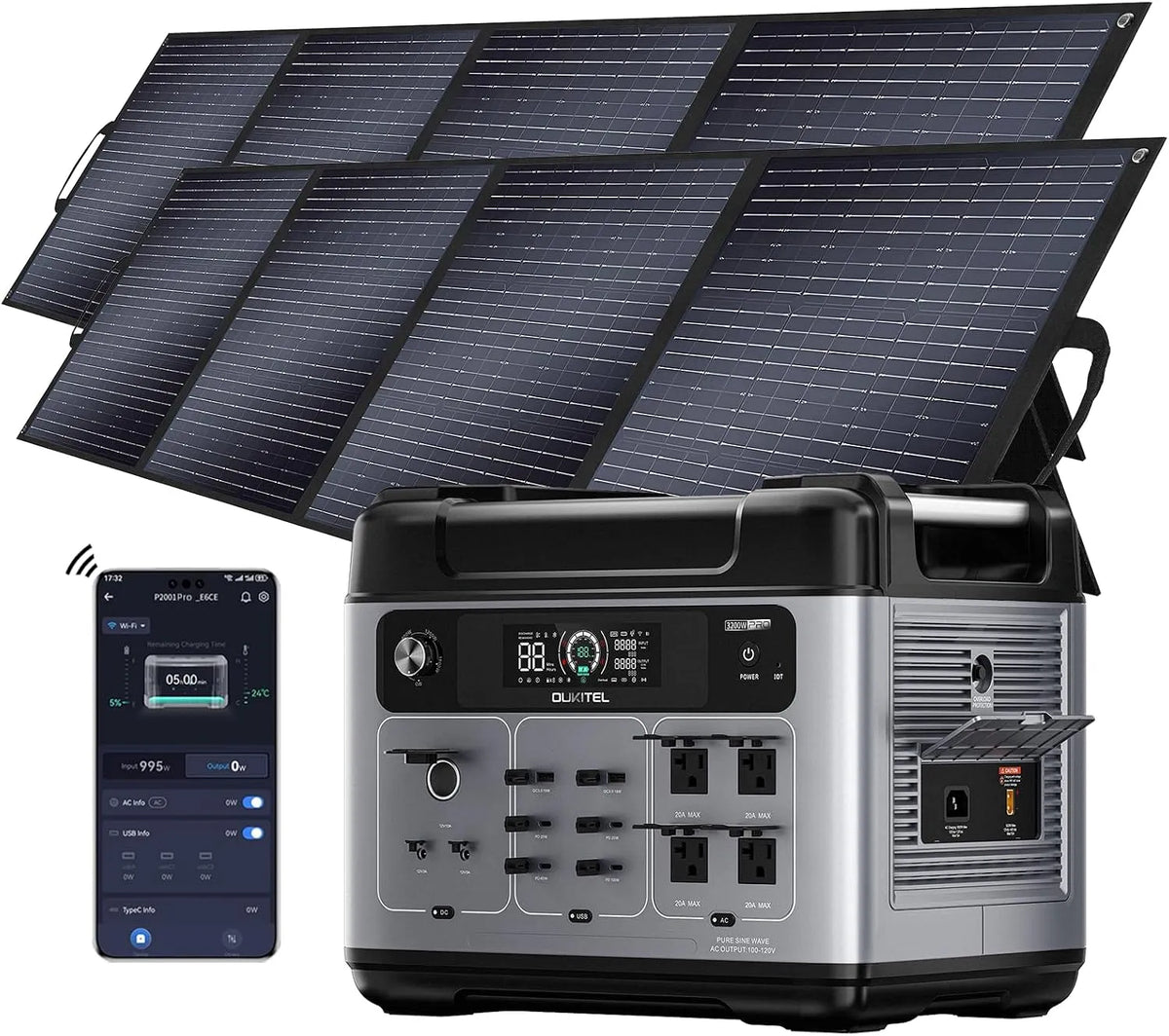 Stromgenerator 2x200W LiFePO4 220V-240V Oukitel Solar, Leistung 3200W mit Solarpanel, 2048Wh tragbar Powerstation, Leistung 6400W Peak, Batterie