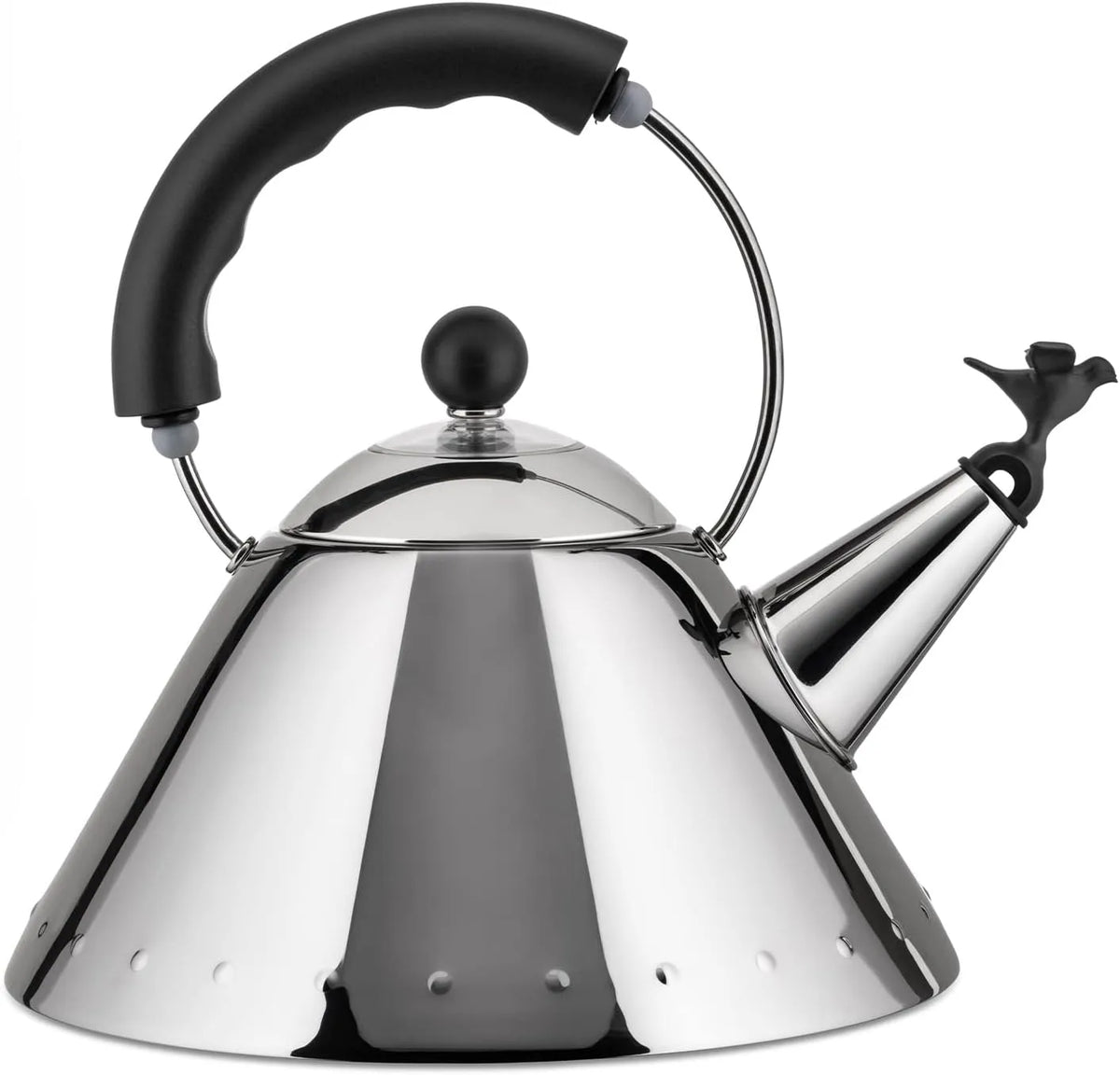 Mit Griff 9093 Alessi Wasserkessel, Maße 8.5 x 25 x 10.5 cm, vogelförmige Flöte aus PA, aus Edelstahl, aus mit Edelstahlgehäuse, in Schwarz, silber