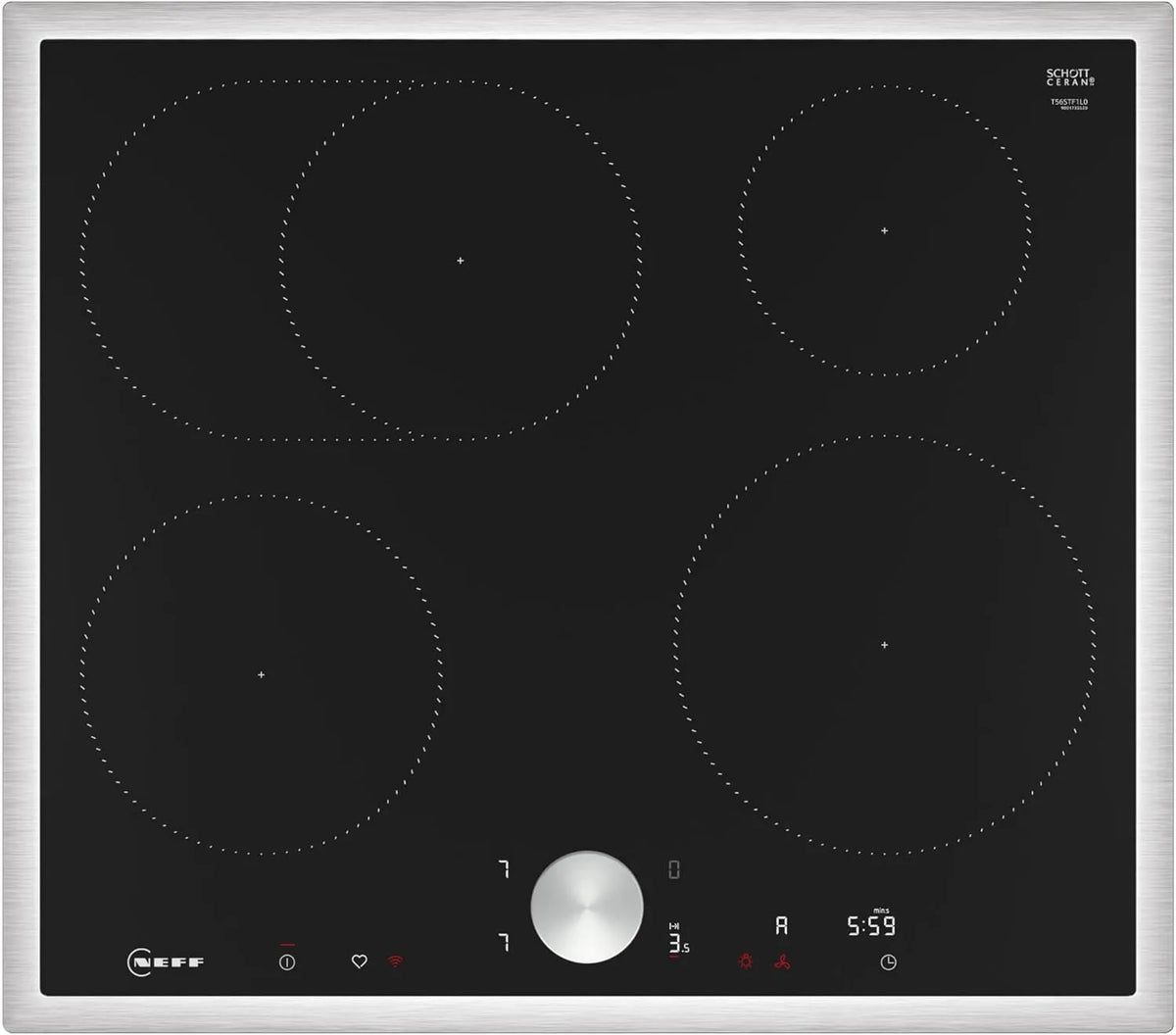 Neff Induktionskochfeld T56STF1L0 N90, Smart Hood Automatic, Twist Pad, Powerstufe, Edelstahlrahmen, Breite 60 cm, autarkes Glaskeramik-Kochfeld