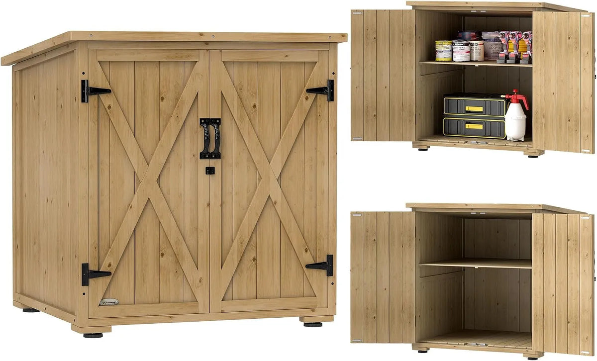 Geräteschuppen Outsunny, Gartenschrank Holz, Geräteschrank, Outdoor wetterfest, Holzschrank mit Doppeltür, Mehrzweckschrank für Garten, Balkon, Natur