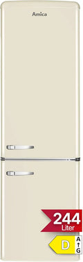 Amica Kühlschrank, Retro in freistehender Ausführung, mit Gefrierfach 244 l LED Beleuchtung Glasablagen Chrom Flaschengitter 181 x 55 x 62 cm Beige