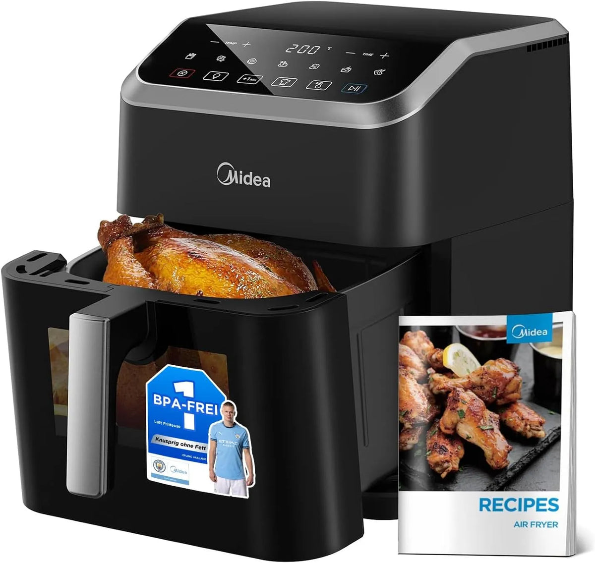 Midea Heißluftfritteuse, 7 Betriebsprogramme, 7L Fassungsvermögen, HeatXpress Technologie 90% weniger Öl, Energie- und Zeitersparnis, Antihaft