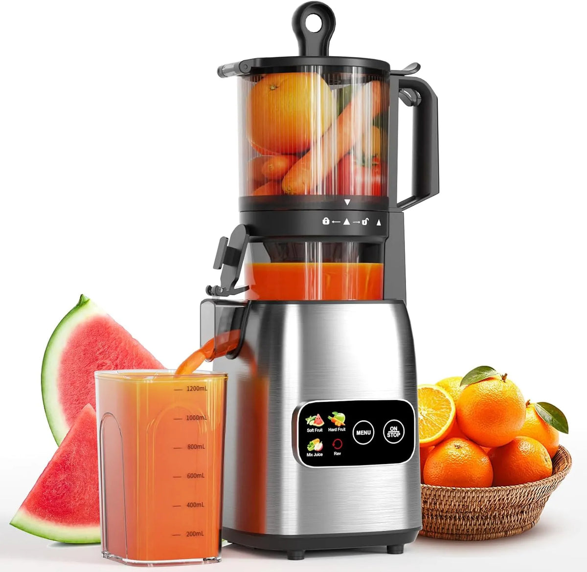Entsafter Kismile Touchscreen, Slow Juicer mit 135 MM XL-Einfüllschacht, Hohe Saftausbeute für Ganze Gemüse und Obst, Leicht zu Reinigen