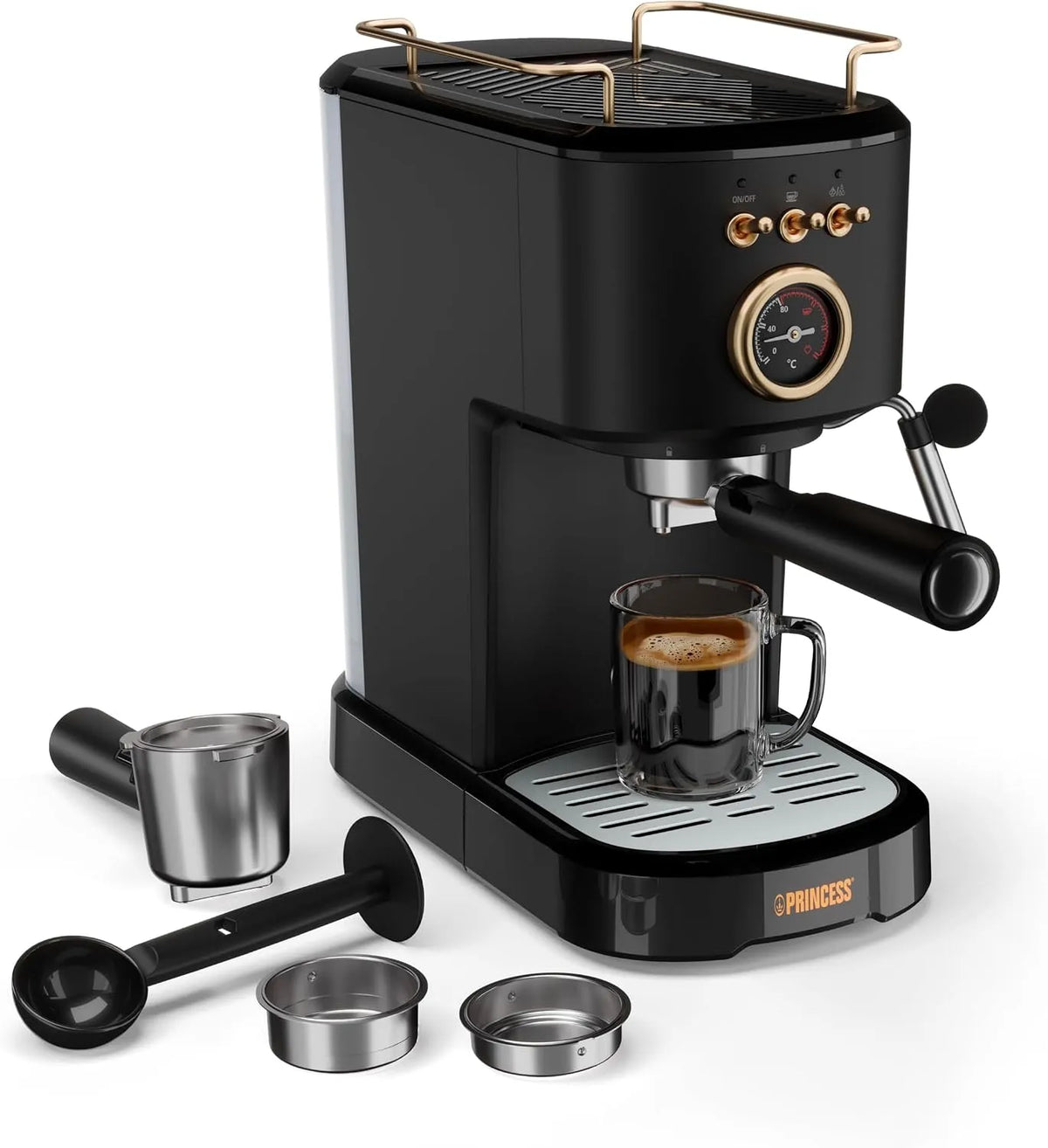 Princess Modell 20-Bar-Druck, Espresso-Maschine, Leistung 1100W, Fassungsvermögen 1,2L Wassertank, 01.249417.01.001, Tassenwärmer, Dampfdüse