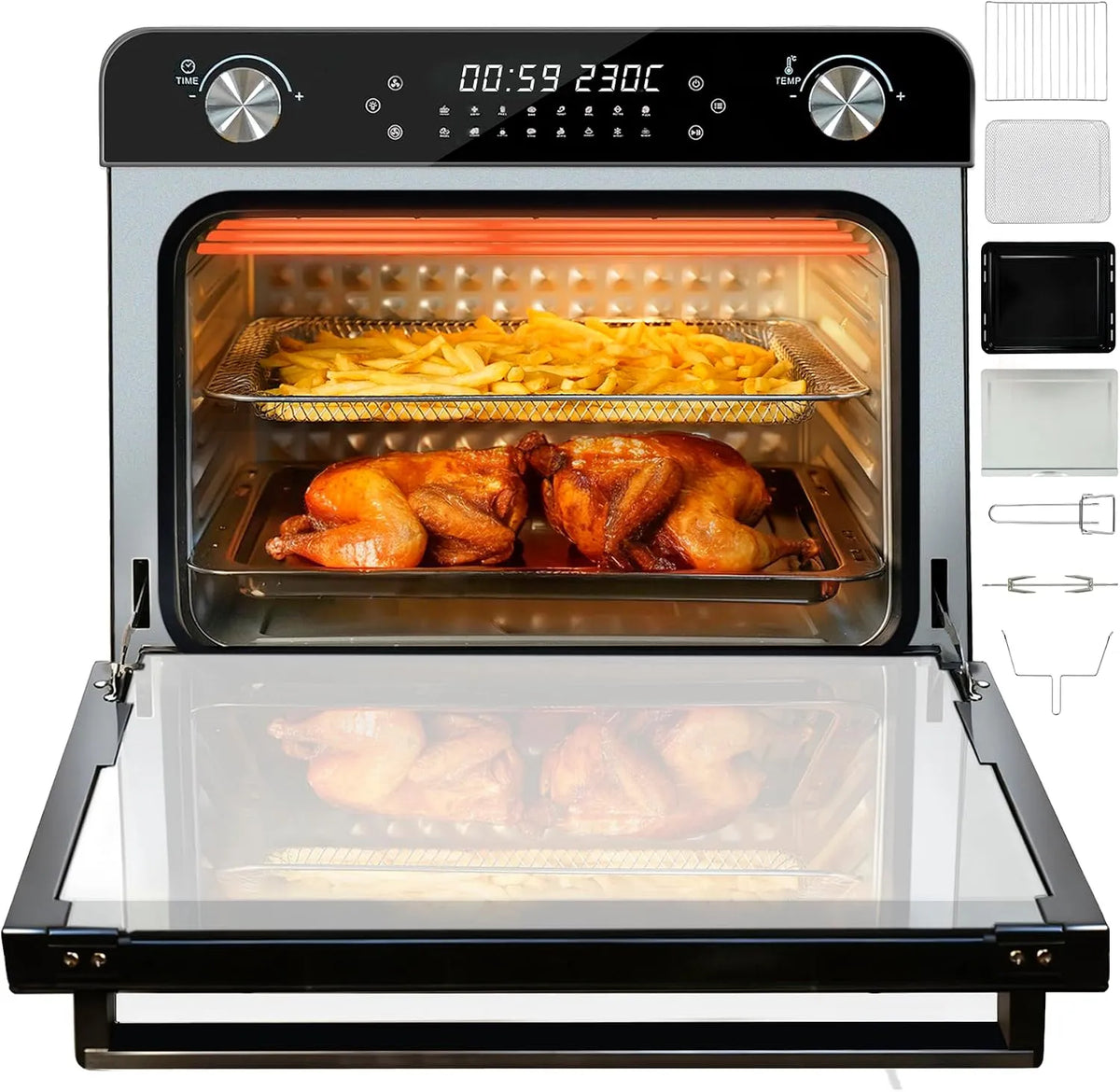 Heißluftfritteuse, mit Rotisserie 16 in 1 Multifunktion XXL Tischofen LED, Smart Panel 7 Zubehör Set, Tischkonvektionstosterofen 36L Groß
