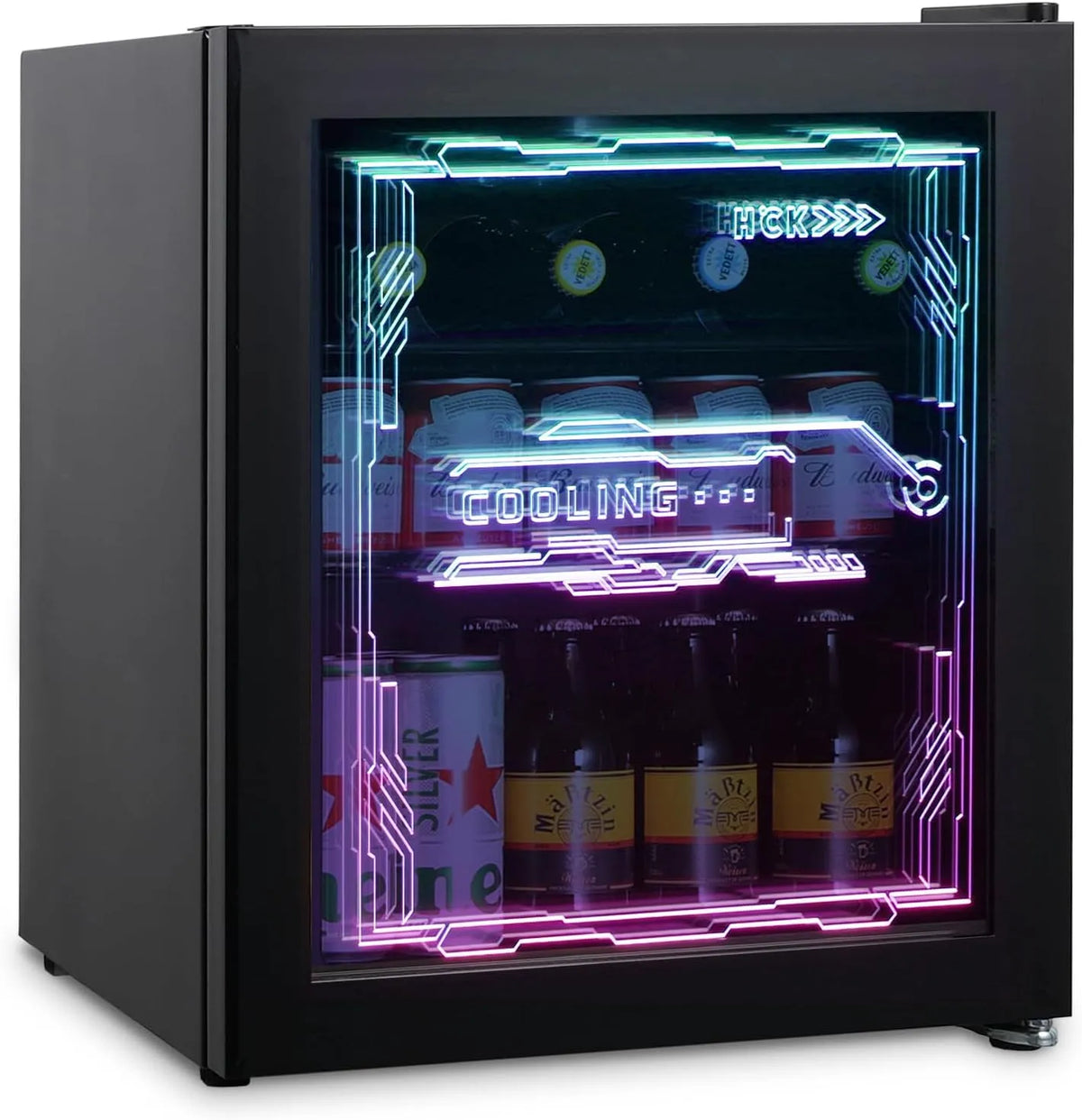 Kühlschrank HCK Mini, leise 39dB, Bar, Cyberpunk Design, in Schwarz, Fassungsvermögen 48L, 0-10℃ Bierkühlschrank für Gaming Room, Party