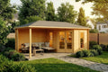 Gartenhaus, Größe: 595 x 300 cm, 5-Eck Liwa aus Holz in imprägniert Pinie mit 28 mm Wandstärke und Walmdach