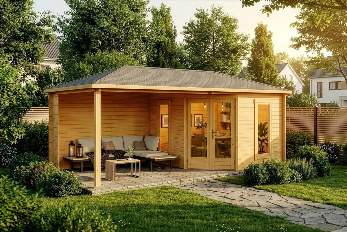 Gartenhaus, Größe: 595 x 300 cm, 5-Eck Liwa aus Holz in imprägniert Pinie mit 28 mm Wandstärke und Walmdach