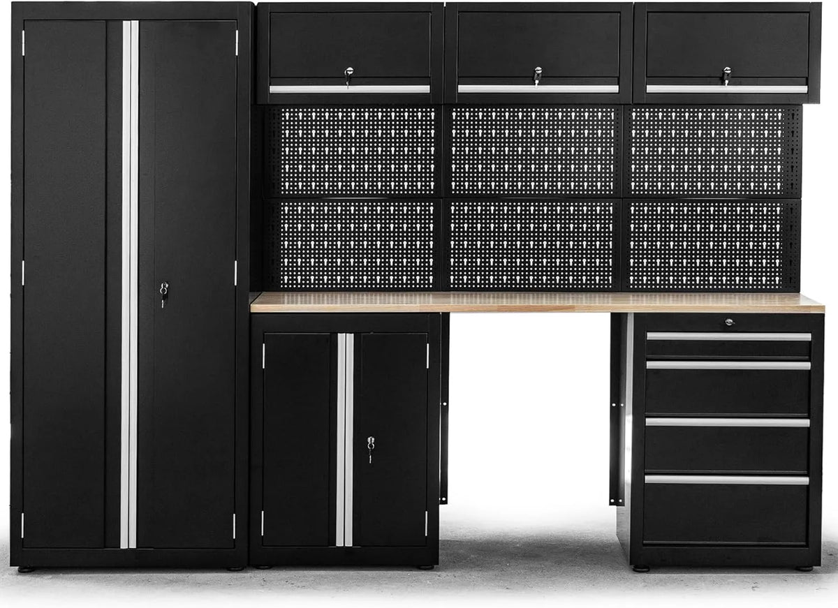 Ondis24 XL, Werkstatt Komplett Set 260cm vormontierte Männerküche Werkstattrichtung modular, 9 TLG., mit Holzarbeitsplatte, Werkzeugschränke