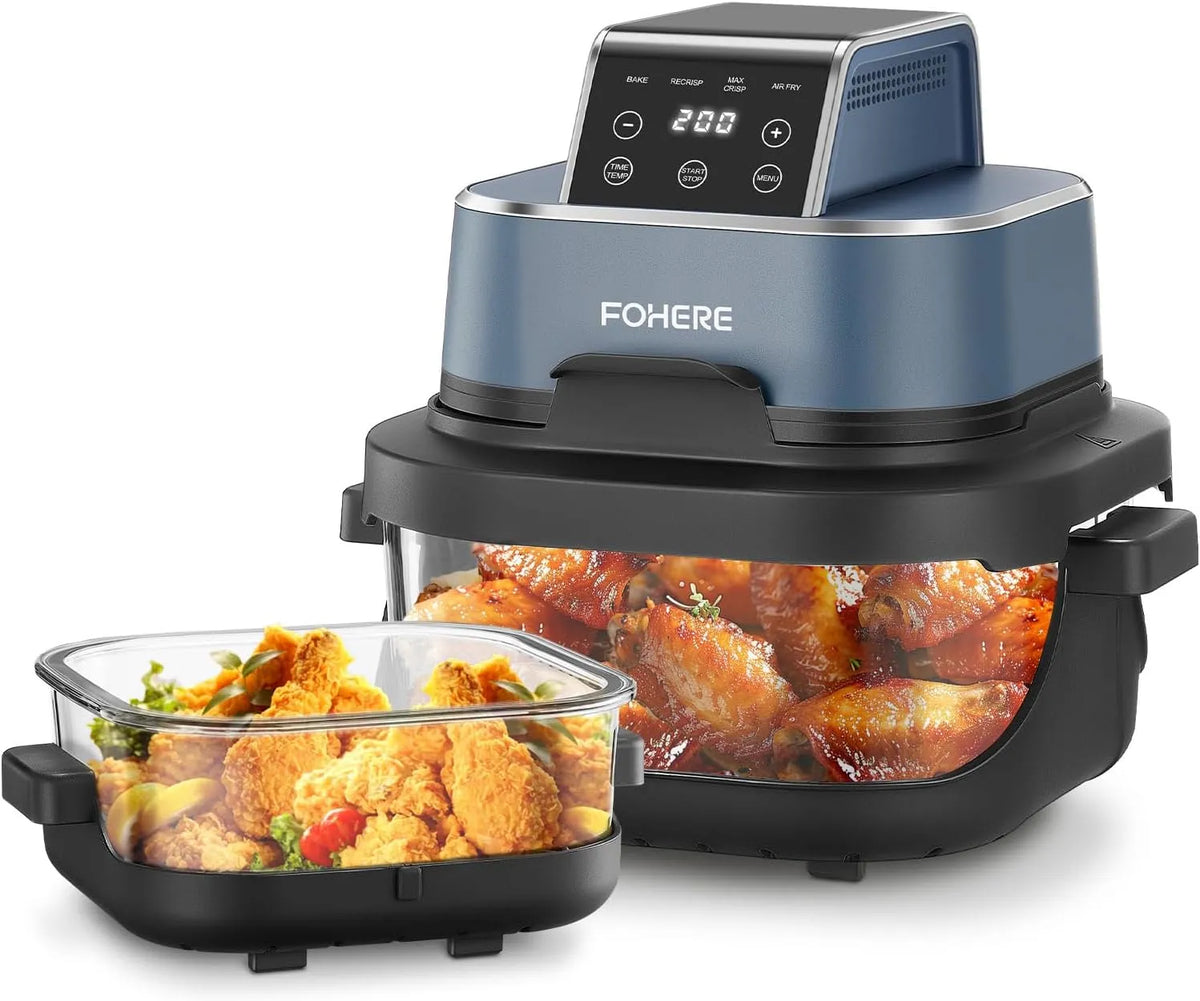 FOHERE Heißluftfritteuse, 6 Portionen, tragbar, Recrisp, kompakt, Fassungsvermögen 4 L &1.5 L, 2x herausnehmbare Glasbehälter & Deckel, Max Crisp