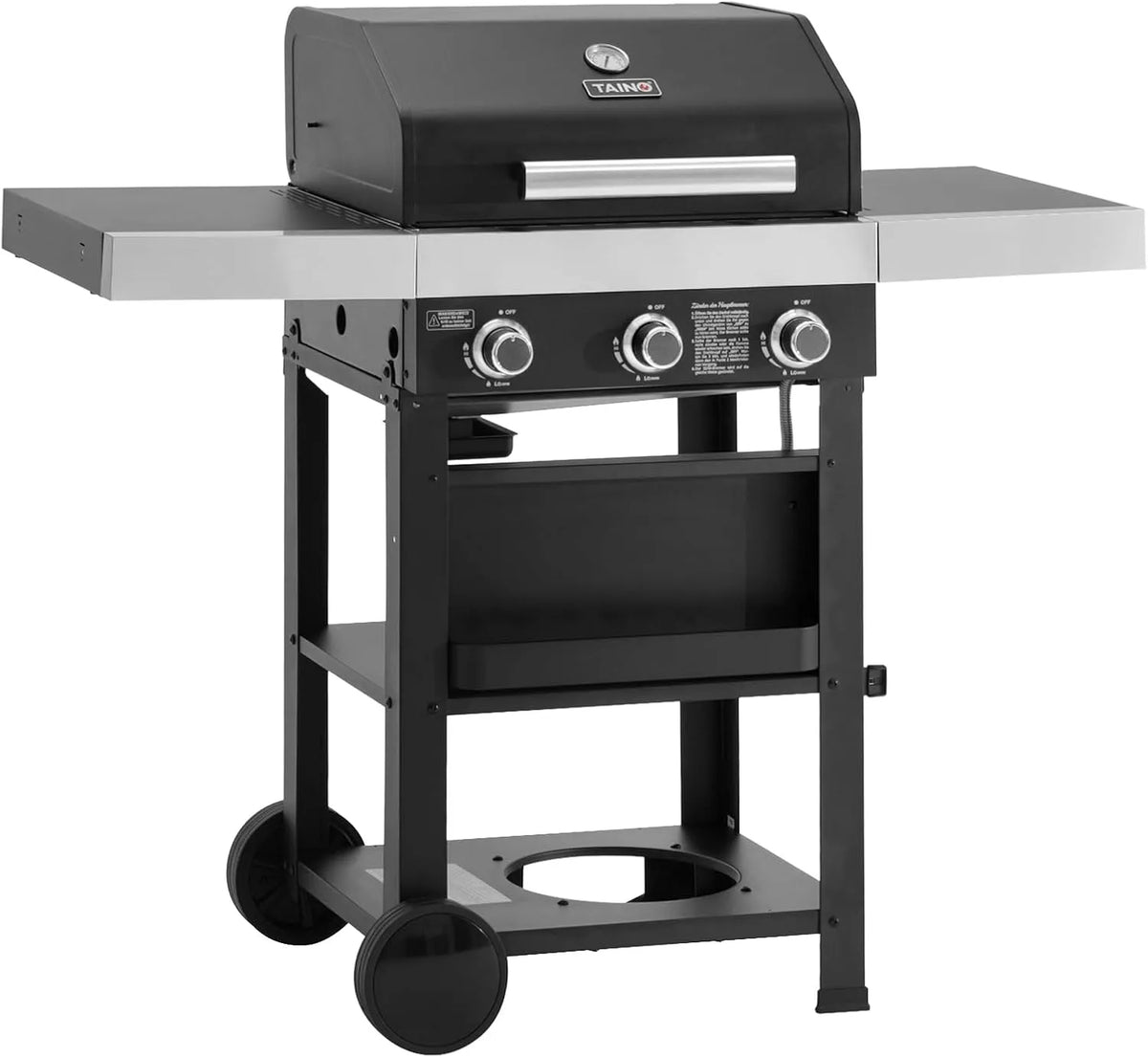 Gasgrill, TAINO WABAYA 3+0 Grillwagen 3 Brenner Keramik Sear-Burner Piezo-Zündung Thermometer Warmhalterost in Schwarz Matt