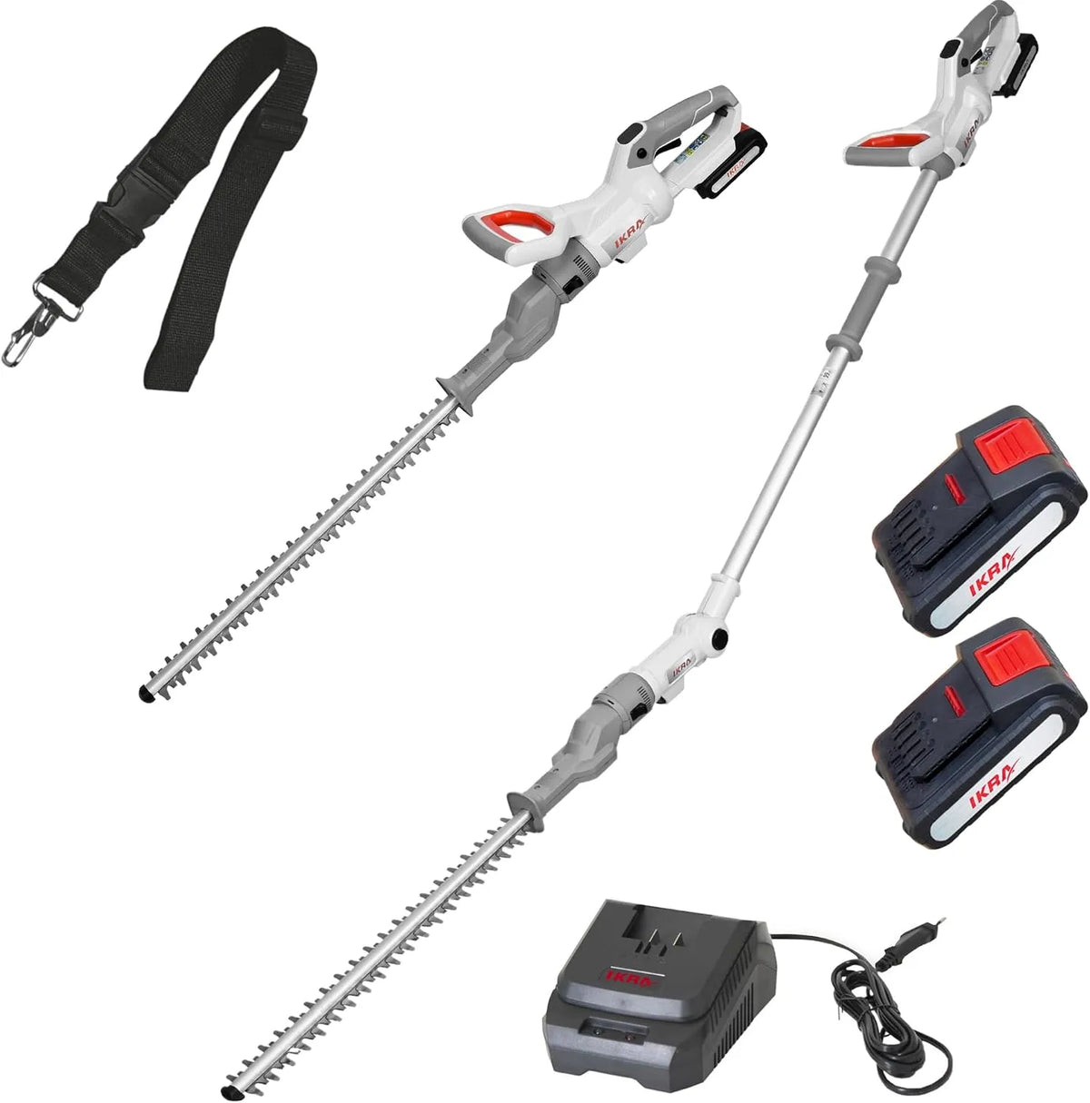 Heckenschere 2in1 ICPH 2050 IKRA Akku, inklusive. 2X Akku 20V 2,0Ah, IKRA Akku mit Teleskopstange für hohe Hecken, Schnellladestation & Schultergurt