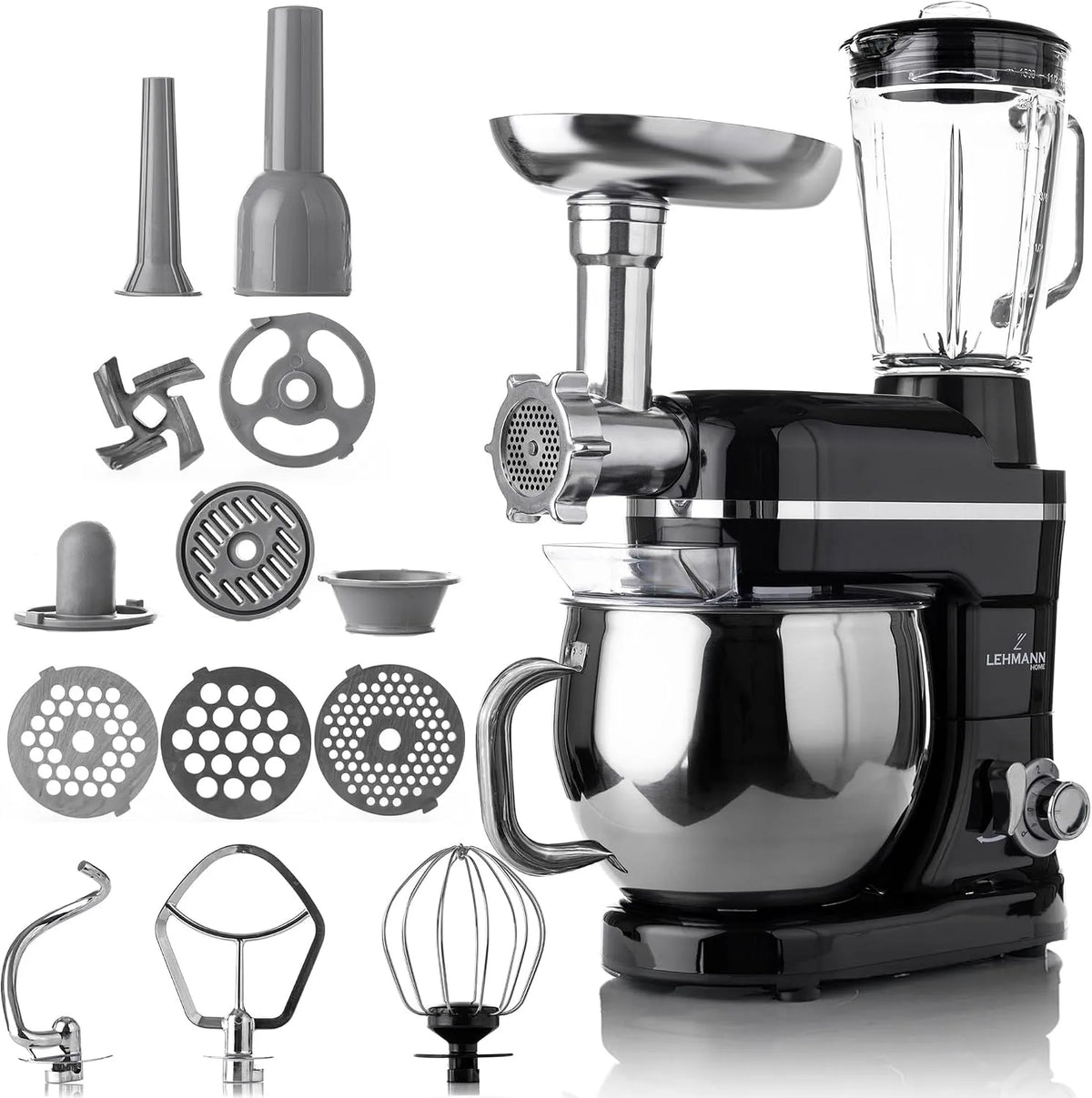 Küchenmaschine, 6 Geschwindigkeitsstufen und Pulse, LEHMANN 3 in 1 Multifunktions mit Fleischwolf und 1.5L Standmixer