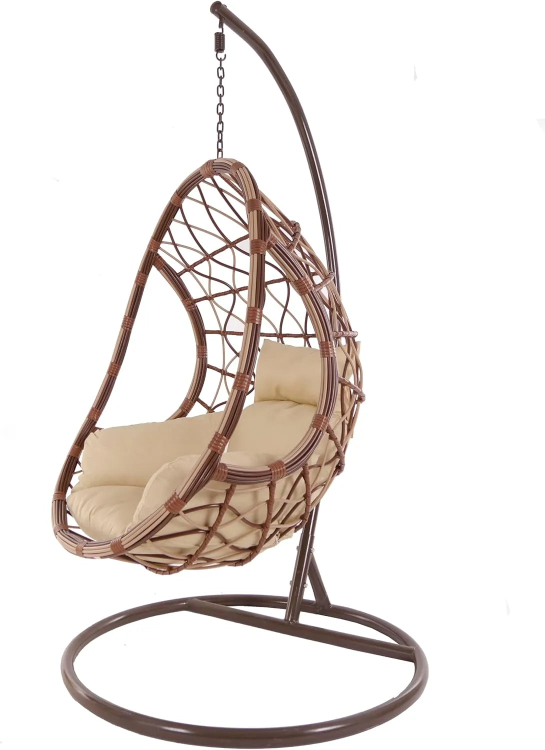 Braun Kideo PALMANOVA großer Hängesessel inklusive Gestell und Kissen, Polyrattan, Swing Chair, Loungemöbel, verschiedenfarbig, caramell, Nest beige