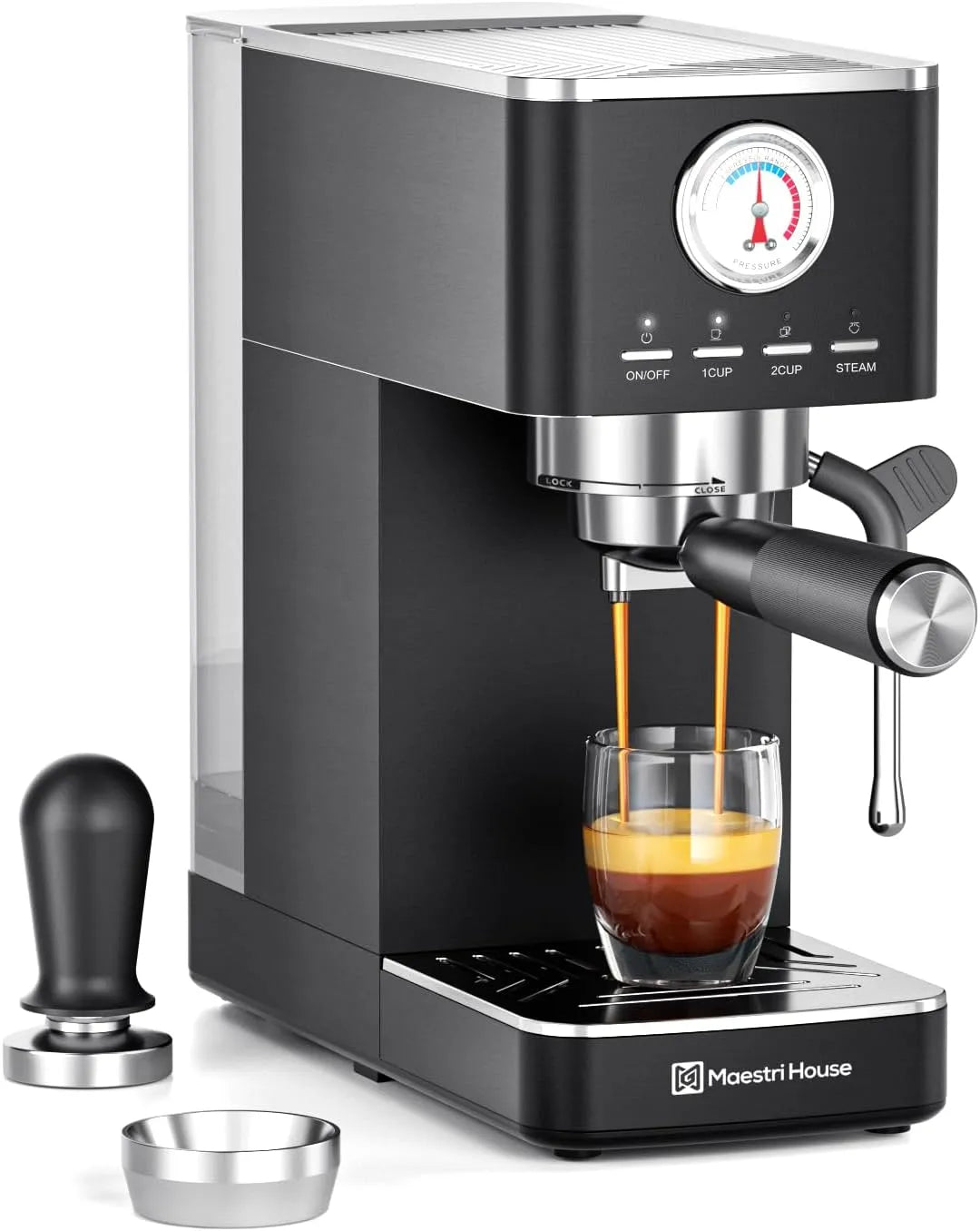 Espressomaschine Maestri House, 20 Bar ULKA Pumpe, Kaffeemaschine mit Milchaufschäumer und Mengenanzeige, in Schwarz