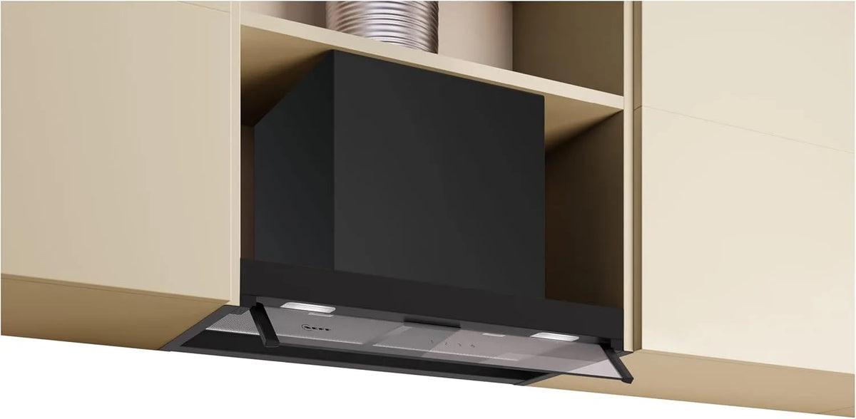 Neff Modell, N 50, Integrierte Designhaube D65XCC2S0, Breite 60 cm, Dual-Filtersytem, Easy Clean, Mattschwarz, Made in Germany, Klarglas