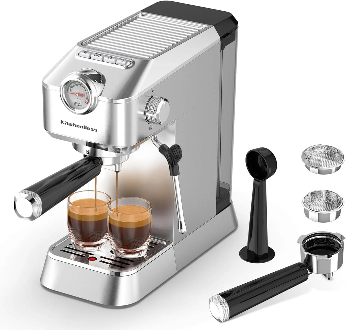 Espresso-Siebträgermaschine KitchenBoss, Kaffeemaschine 15 Bar, mit 1.2L Wassertank, Espressomaschine Siebträger: Espresso mit Milchaufschäumer