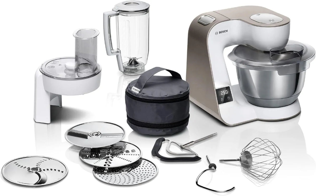 Bosch Küchenmaschine MUM5XW20, Mixer 1,25 L, Leistung 1000 W, Profi-Knethaken, Silikonbesen, weiß, Serie 4, integrierte Waage, 4 Scheiben, Schnee