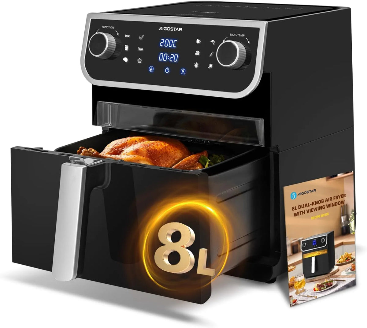 Ohne Öl Aigostar Luftfritteuse, Fassungsvermögen 8 l, Leistung 1700 W, 12 voreingestellte Funktionen + manuell, Sichtfenster, XXL-Fritteuse