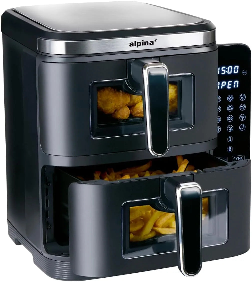 Alpina Heißluftfritteuse, Duo Backofen für 8 Personen, Timer-Funktion bis zu 60 Minuten, Fassungsvermögen 11L, Air Fryer mit 2 Kammern, in Schwarz