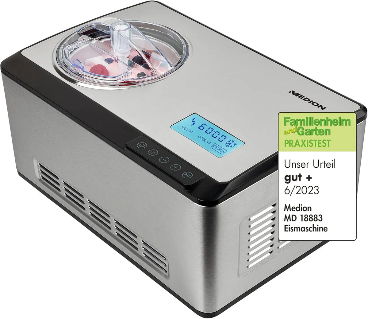 Eismaschine MD 18883 MEDION, 180 Watt, selbstkühlend mit Kompressor, Fassungsvermögen 2 Liter Eis, Display, Sensor Touch