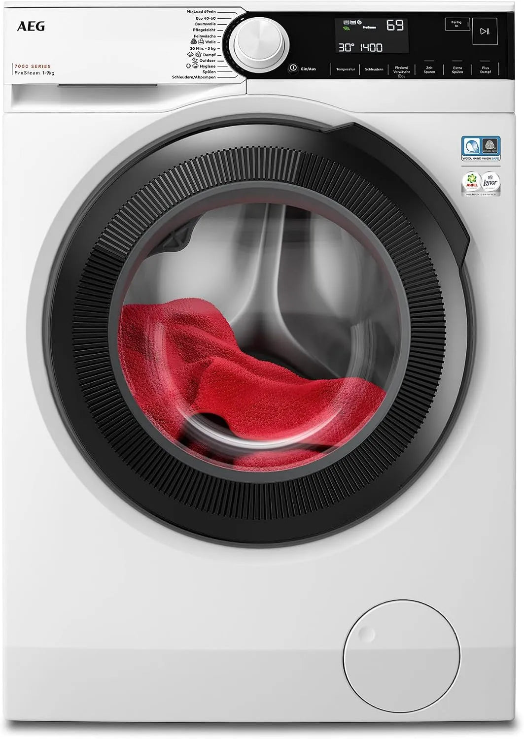 AEG Waschmaschine 7000 1400 LR7AMZ49FL, Gewicht 9 kg, Serie, ProSteam, Dampffunktion, Energiesparend, Mengenautomatik, Nachlegefunktion, min