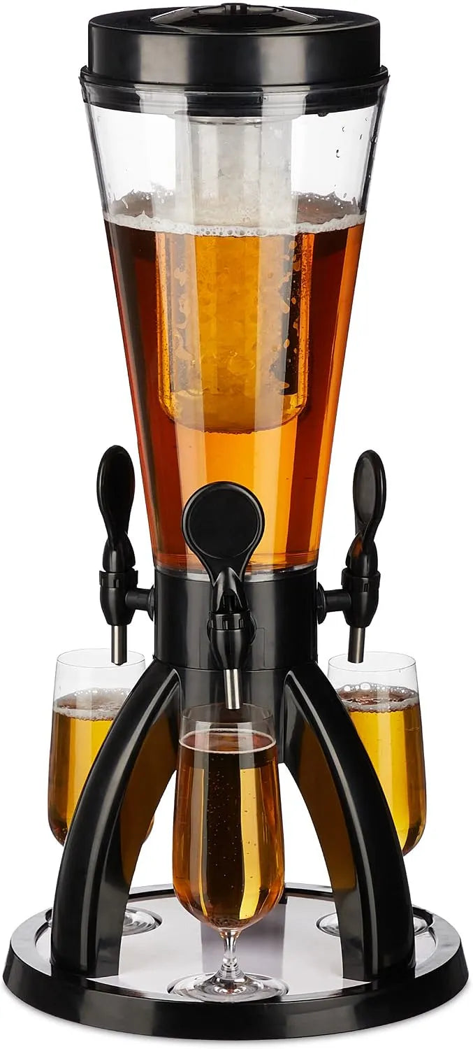 Mit 3 Zapfhähnen Relaxdays Biersäule, Fassungsvermögen 4 l, Getränkespender mit Kühlung, Biertower Garten, Zapfsäule, transparent, in Schwarz