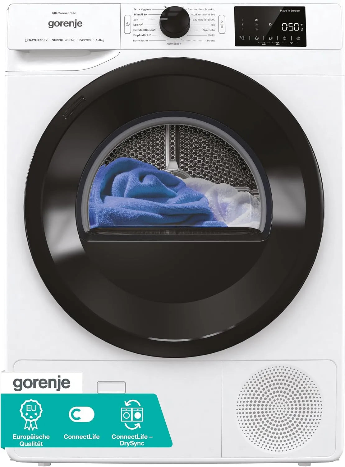 Gorenje Modell DPNE82/GN, 16 Betriebsprogramme, Kondensation mit Wärmepumpe, Made in Europe, TwinAir, Naturedry, EEK: D, Gewicht 8kg, Trockner