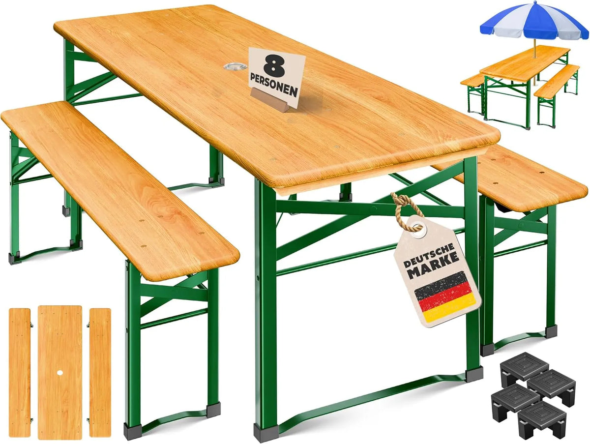 Kesser Bierzeltgarnitur 3-TLG., Biertisch mit 2 Bierbänken, 12-TLG. Bodenschoner, Festzeltgarnitur klappbar, Sitzgarnitur, stabil, Maße 170x46x75cm