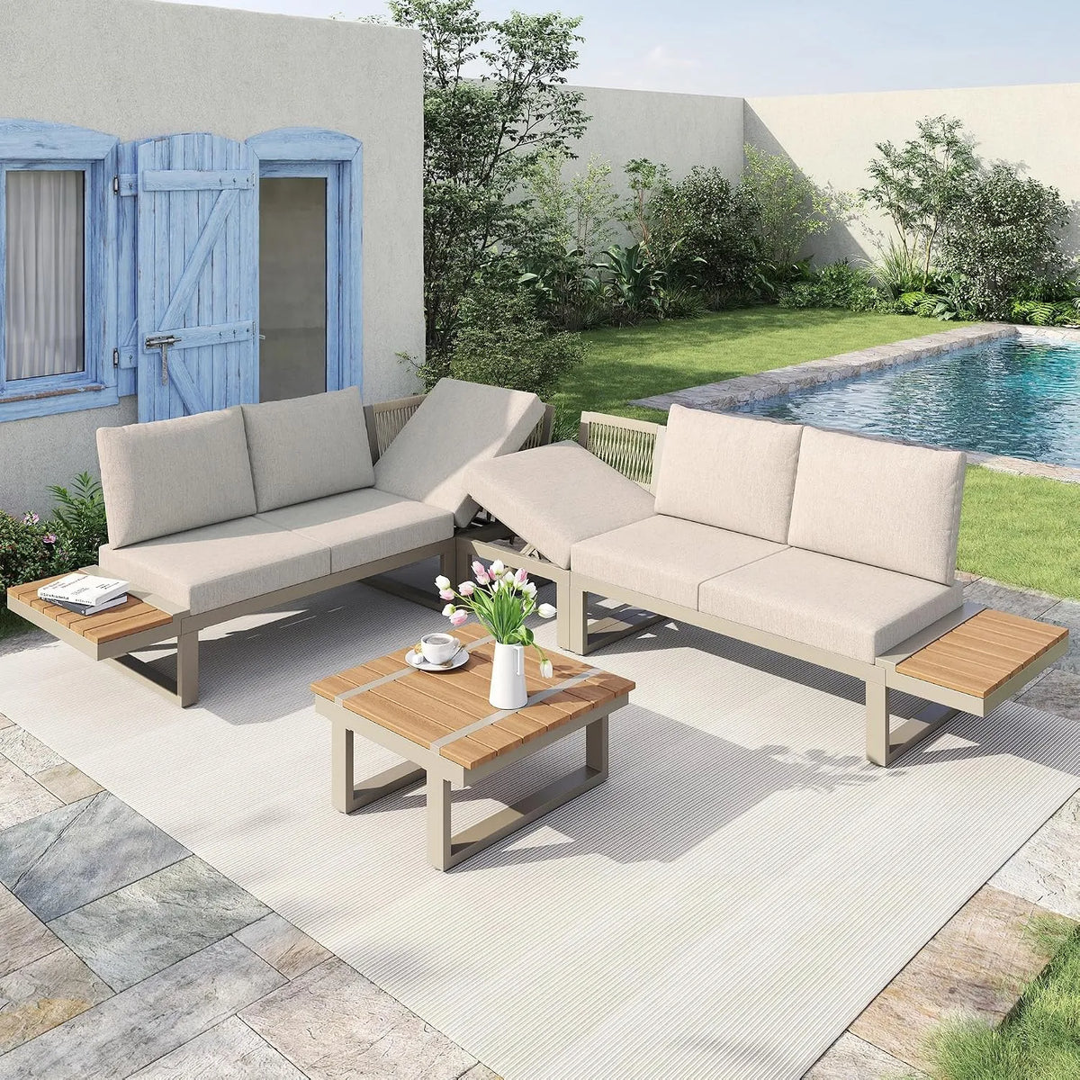Set Merax Gartenmöbel, Ecksofa umbaubar zu 2 Relaxliegen, 5-stufig verstellbar bis 55°, Outdoor Lounge mit Couchtisch und Ablage, Beige