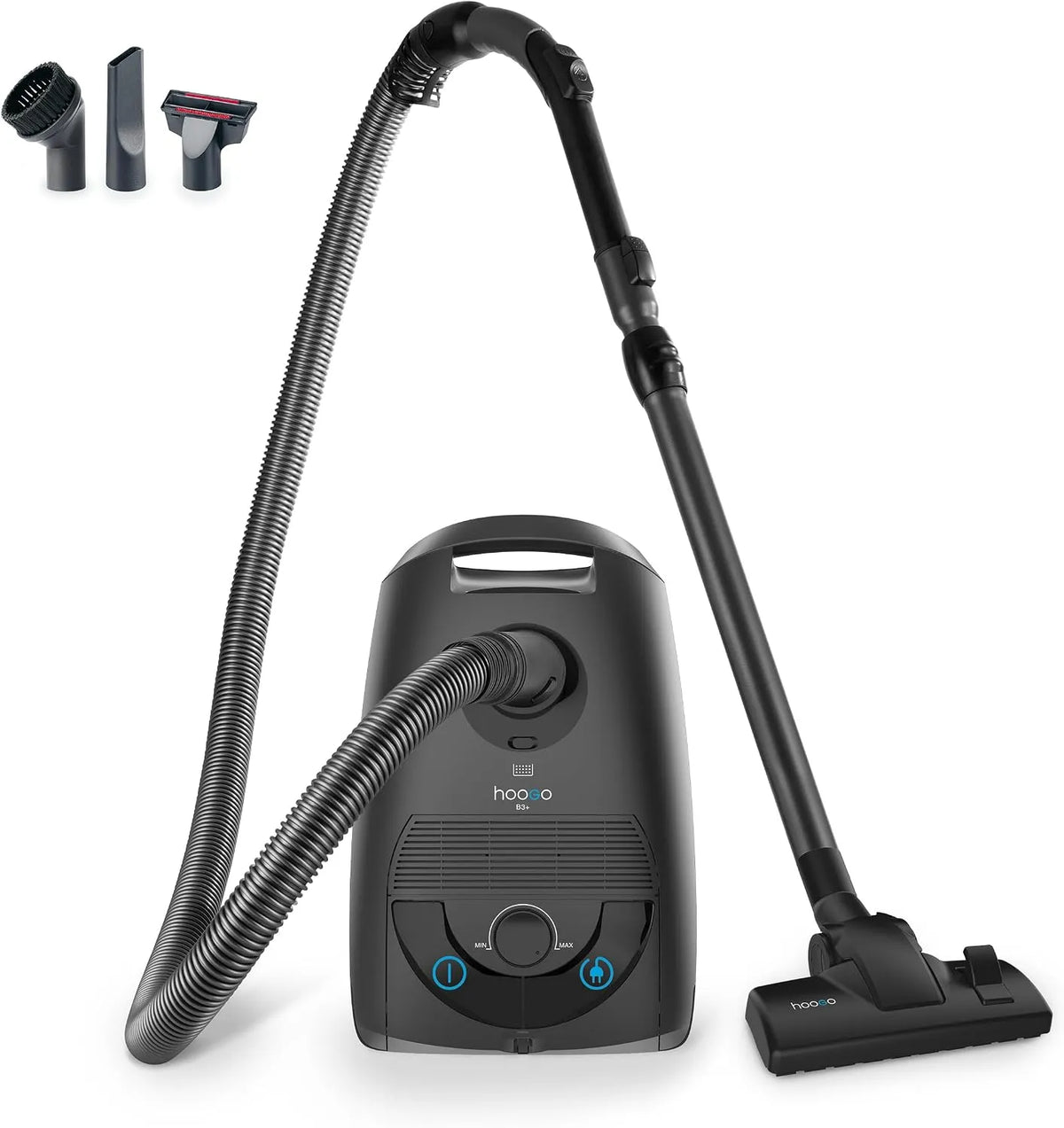 Staubsauger, hoogo B3+ Graphit mit Beutel, Starke 850 W Saugleistung, nur 74 db, 3 L Kapazität, HEPA 14 Filter, 11m Radius, Verschiedene Bodendüsen