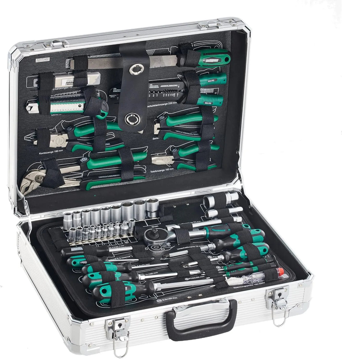 Modell Werkzeugkoffer M29075 Brüder Mannesmann, aus Aluminium, Zangen, Steckschlüsselsatz, 108-teilig, Werkzeug aus Chrom-Vanadium-Stahl, Bitsatz