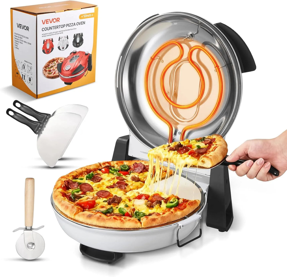 Vevor, 5-stufige Temperaturregelung, Leistung 1200 W elektrischer Pizzaofen mit Cordieritstein, 12 Zoll elektrischer Pizzaofen