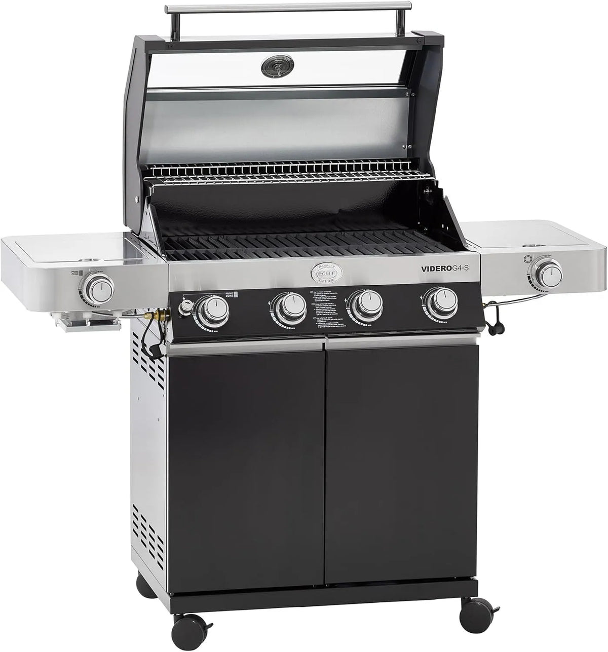 Gasgrill G4-S RÖSLE, BBQ-Station VIDERO in Schwarz, extra Primezone und Seitenbrenner, VARIO+, Grill mit 4 Edelstahlbrennern