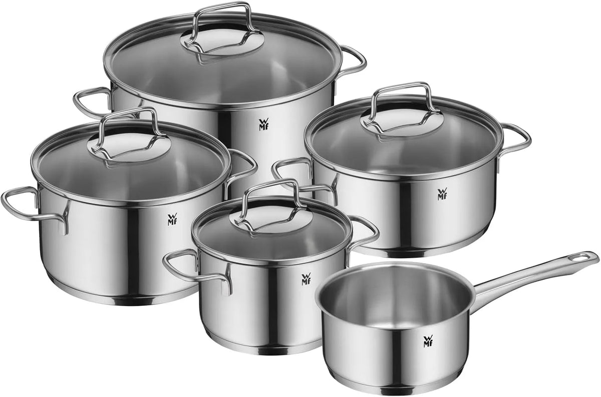 WMF Topfset, Astoria Vorteils Induktion 5-teilig, Kochtopf Set mit Glasdeckel, Cromargan Edelstahl poliert, Induktions Töpfe Set unbeschichtet